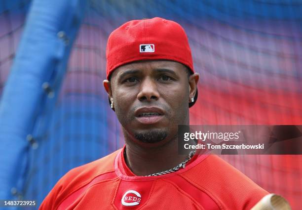 Ken Griffey Jr. #3 of the Cincinnati Reds looks on as he warms up during batting practice before the start of MLB game action against the Toronto...