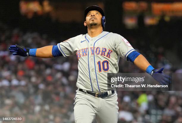 Eduardo Escobar of the New York Mets celebrates after hitting a two-run home run against the San Francisco Giants in the top of the fourth inning at...