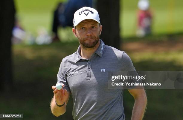 Maximilian Kieffer of Germany acknowledges the crowd on the 9th green during day two of the ISPS Handa - Championship at PGM Ishioka GC on April 21,...