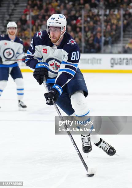 Pierre-Luc Dubois of the Winnipeg Jets skates during the first period against the Vegas Golden Knights in Game Two of the First Round of the 2023...