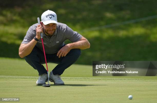 Maximilian Kieffer of Germany looks on on the 9th green during day two of the ISPS Handa - Championship at PGM Ishioka GC on April 21, 2023 in...