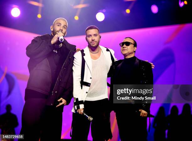 Manuel Turizo, Prince Royce and Zacarías Ferreira perform onstage during the 2023 Latin American Music Awards at MGM Grand Garden Arena on April 20,...