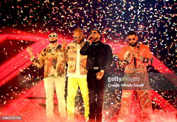 Edgar Semper and Xavier Semper of Mambo Kingz, Anuel AA, and DJ Luian perform onstage during the 2023 Latin American Music Awards at MGM Grand Garden...