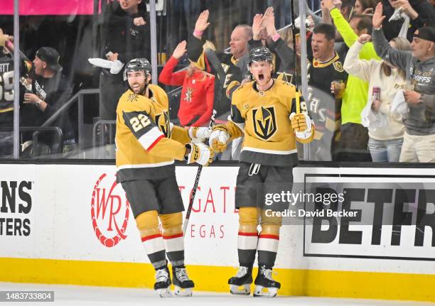 Jack Eichel of the Vegas Golden Knights celebrates with teammates after a goal during the second period against the Winnipeg Jets in Game Two of the...