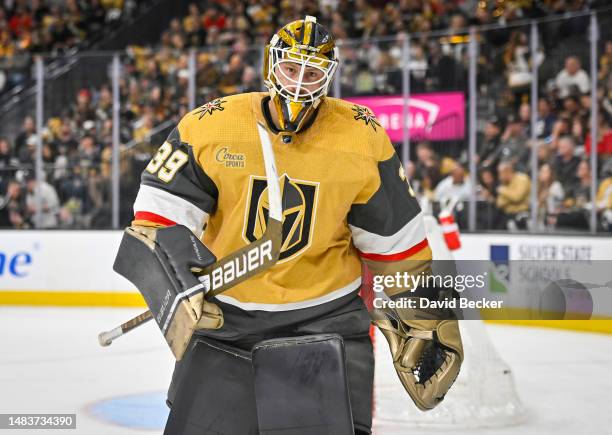 Laurent Brossoit of the Vegas Golden Knights is seen during the second period against the Winnipeg Jets in Game Two of the First Round of the 2023...