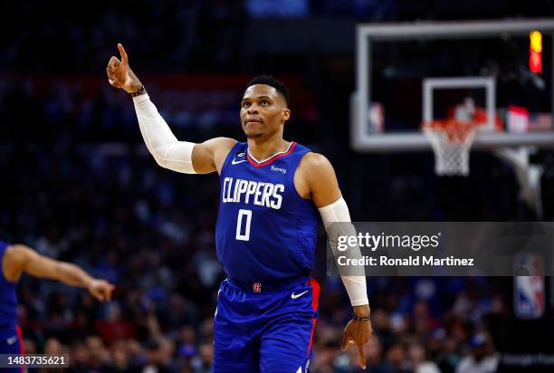 Russell Westbrook of the LA Clippers reacts against the Phoenix Suns in the first half of Game Three of the Western Conference First Round Playoffs...