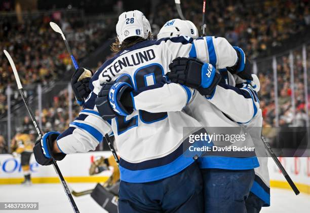 Kevin Stenlund of the Winnipeg Jets celebrates after scoring a goal during the second period against the Vegas Golden Knights in Game Two of the...