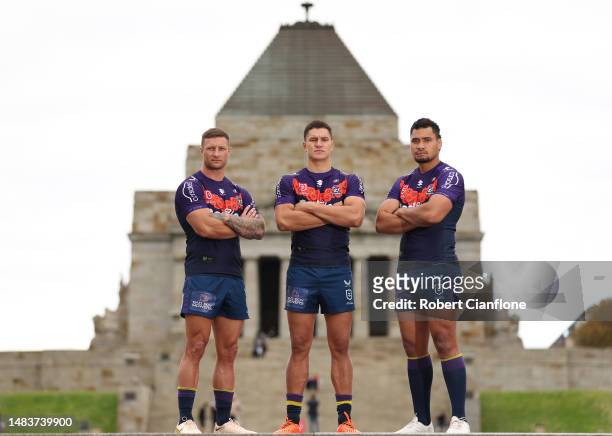 Tariq Sims, Will Warbrick and Eli Katoa of the Storm pose during a Melbourne Storm ANZAC Day NRL match media opportunity at The Shrine of Remembrance...