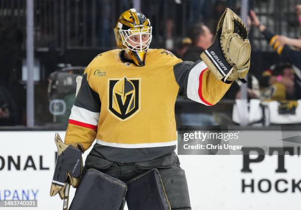 Laurent Brossoit of the Vegas Golden Knights reacts after a goal by Chandler Stephenson during the third period against the Winnipeg Jets in Game Two...