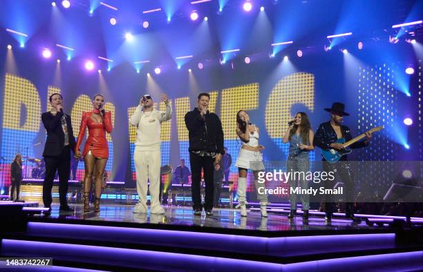 Guaynaa, Lele Pons, Ryan Castro, Carlos Vives, Emilia, Joy Huerta and Jesse Huerta perform onstage during the 2023 Latin American Music Awards at MGM...