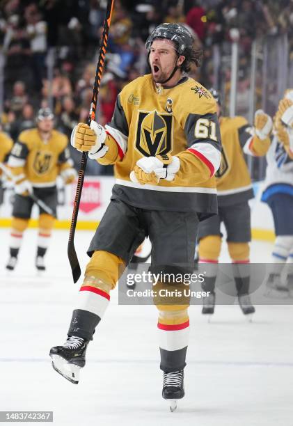 Mark Stone of the Vegas Golden Knights celebrates after scoring a goal during the third period against the Winnipeg Jets in Game Two of the First...