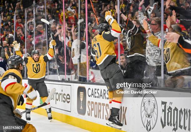 Mark Stone of the Vegas Golden Knights celebrates after scoring a goal during the third period against the Winnipeg Jets in Game Two of the First...