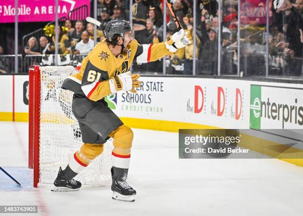 Mark Stone of the Vegas Golden Knights celebrates after scoring a goal during the third period against the Winnipeg Jets in Game Two of the First...