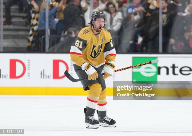 Mark Stone of the Vegas Golden Knights celebrates after scoring a goal during the third period against the Winnipeg Jets in Game Two of the First...