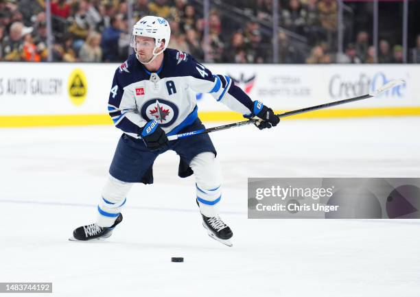 Josh Morrissey of the Winnipeg Jets skates during the third period against the Vegas Golden Knights in Game Two of the First Round of the 2023...