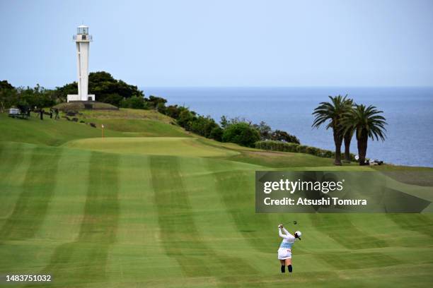 Sakura Koiwai of Japan hits her second shot on the 12th hole during the first round of 41st Fujisankei Ladies Classic at Kawana Hotel Golf Course...