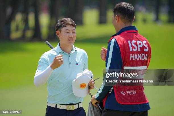 Jazz Janewattananond of Thailand on the 18th green during day two of the ISPS Handa - Championship at PGM Ishioka GC on April 21, 2023 in Omitama,...