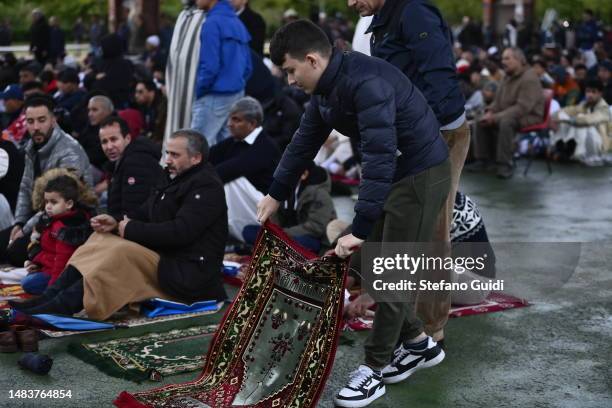 Muslims attends the Eid al-Fitr prayer during the Eid al-Fitr holiday on April 21, 2023 in Turin, Italy. Eid al-Fitr marks the end of Ramadan, during...