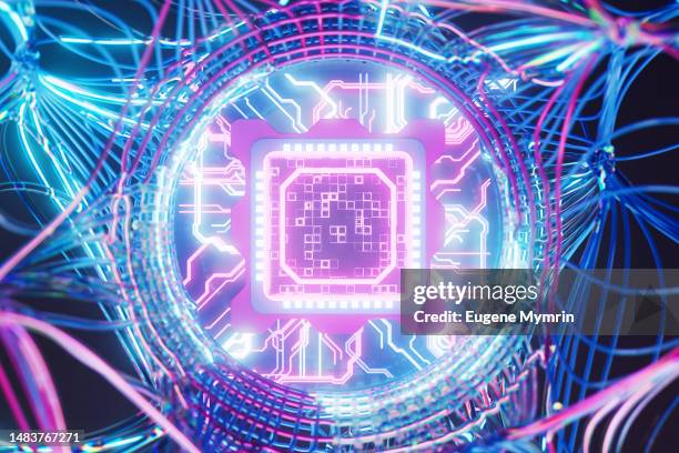 futuristic artificial intelligence processor unit and fast flowing bits and data transfer - quantencomputer stock-fotos und bilder
