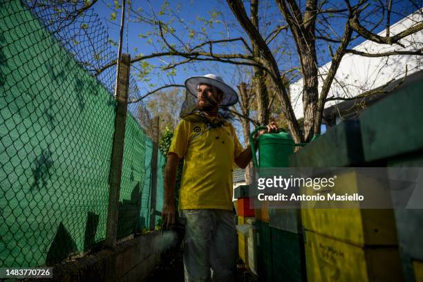 Lorenzo Buratti, beekeeper - breeder, poses while inspecting the beehives, on April 20, 2023 in Terracina, Italy. The effects of climate change...