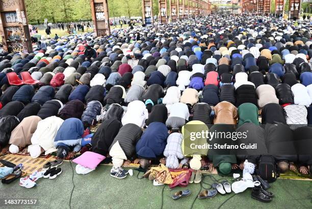 General view of muslims pray during the Eid al-Fitr holiday on April 21, 2023 in Turin, Italy. Eid al-Fitr marks the end of Ramadan, during which...