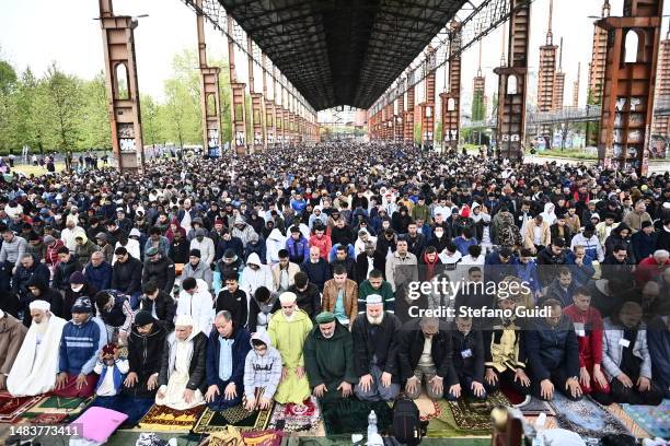Muslims pray during the Eid al-Fitr holiday on April 21, 2023 in Turin, Italy. Eid al-Fitr marks the end of Ramadan, during which Muslims in...