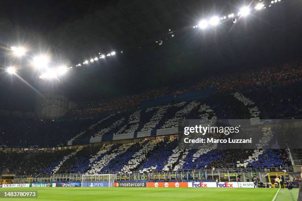 The FC Internazionale fans show their support before the UEFA Champions League quarterfinal second leg match between FC Internazionale and SL Benfica...