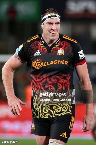 Brodie Retallick of the Chiefs looks on during the round nine Super Rugby Pacific match between Chiefs and Fijian Drua at FMG Stadium Waikato, on...