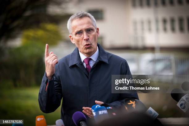 Secretary General Jens Stoltenberg speaks to the media before a meeting of the Ukraine Defence Contact Group at Ramstein Air Base on April 21, 2023...