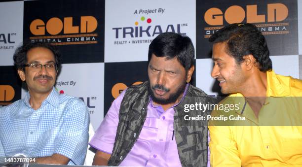 Uddhav Thackeray, Ramdas Athawale and Shreyas Talpade attend the launch of Gold Digital Theatre on June 27, 2014 in Mumbai, India