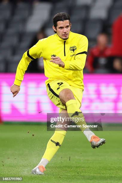 Oskar Zawada of Phoenix warms u during the round 25 A-League Men's match between Western Sydney Wanderers and Wellington Phoenix at CommBank Stadium,...