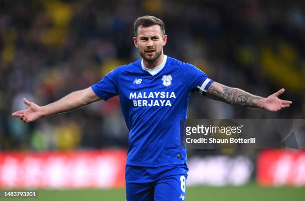 Joe Ralls of Cardiff City during the Sky Bet Championship between Watford and Cardiff City at Vicarage Road on April 19, 2023 in Watford, England.