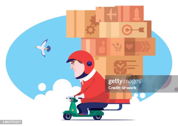 courier on scooter carrying stack of cartons - man riding motorcycle clip art stock illustrations