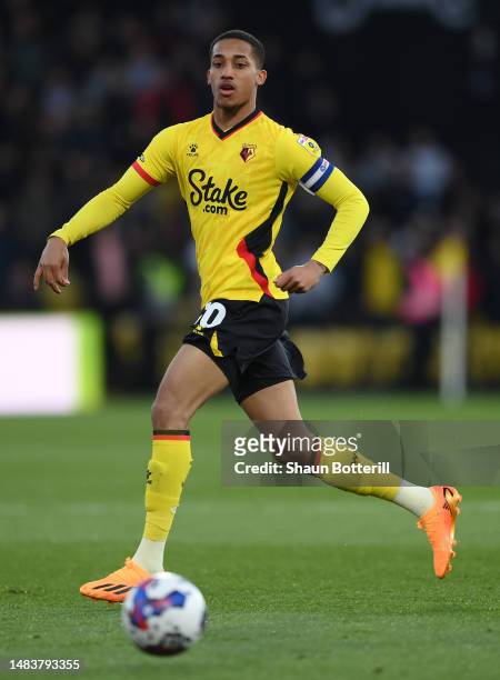 Joao Pedro of Watford passes the ball during the Sky Bet Championship between Watford and Cardiff City at Vicarage Road on April 19, 2023 in Watford,...