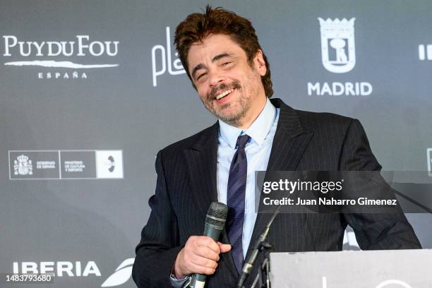 Benicio Del Toro attends the press conference for the "Platino De Honor" award at InterContinental Madrid on April 21, 2023 in Madrid, Spain.