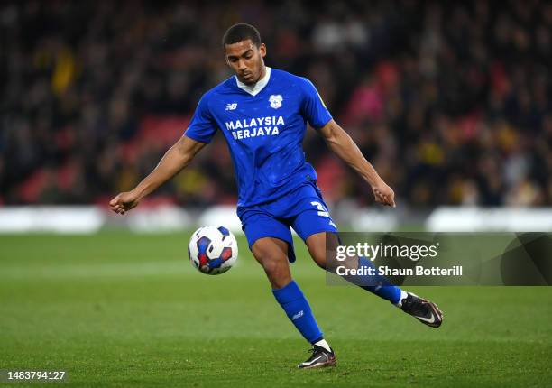 Andy Rinomhota of Cardiff City controls the ball during the Sky Bet Championship between Watford and Cardiff City at Vicarage Road on April 19, 2023...