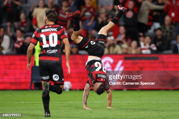 Brandon Borrello of the Wanderers celebrates scoring a goal during the round 25 A-League Men's match between Western Sydney Wanderers and Wellington...