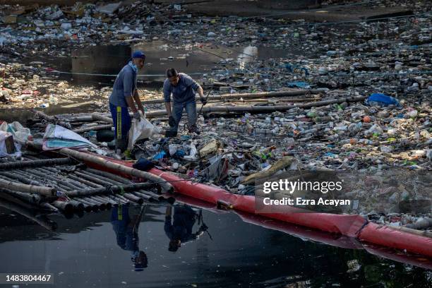 River warriors" collect plastic waste at San Juan river on April 20, 2023 in Manila, Philippines. The Philippines is the largest ocean polluter in...