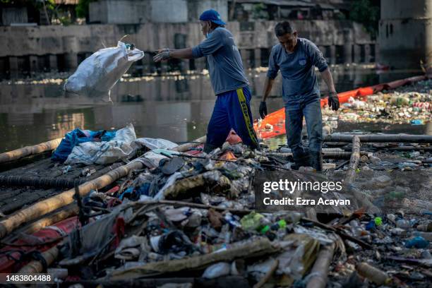 River warriors" collect plastic waste at San Juan river on April 20, 2023 in Manila, Philippines. The Philippines is the largest ocean polluter in...