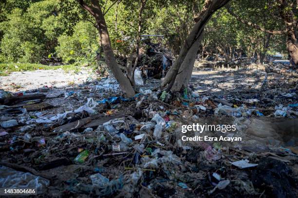 Plastic waste is seen on mangroves at Freedom Island on April 19, 2023 in Paranaque, Metro Manila, Philippines. The Philippines is the largest ocean...