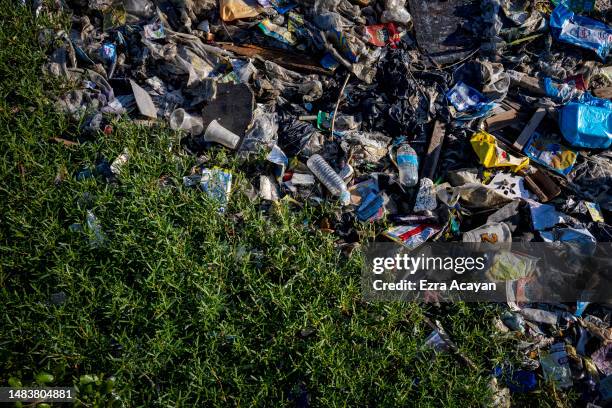 Plastic waste fills a beach at Freedom Island on April 19, 2023 in Paranaque, Metro Manila, Philippines. The Philippines is the largest ocean...