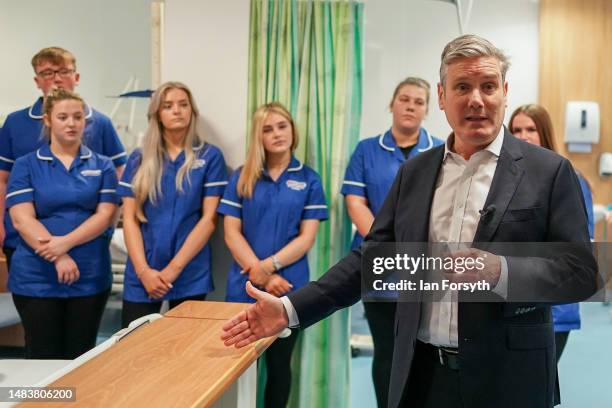 Labour leader Sir Keir Starmer visits a medical ward training facility at Middlesbrough College to meet with health & social care students on April...