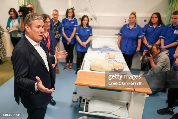 Labour leader Sir Keir Starmer visits a medical ward training facility at Middlesbrough College to meet with health & social care students on April...