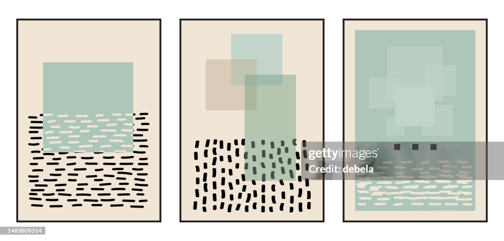 Mid century modern geometric posters set. Boho style minimal design.