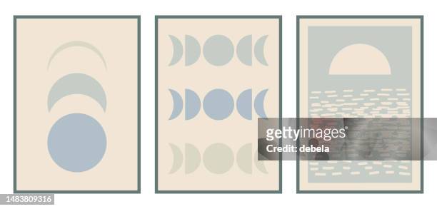 ilustrações de stock, clip art, desenhos animados e ícones de mid century modern moon posters set. boho style minimal design. - tríptico