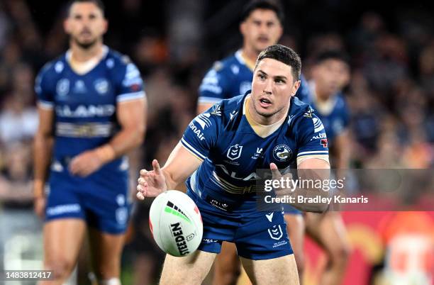 Mitchell Moses of the Eels passes the ball during the round eight NRL match between Parramatta Eels and Brisbane Broncos at TIO Stadium on April 21,...