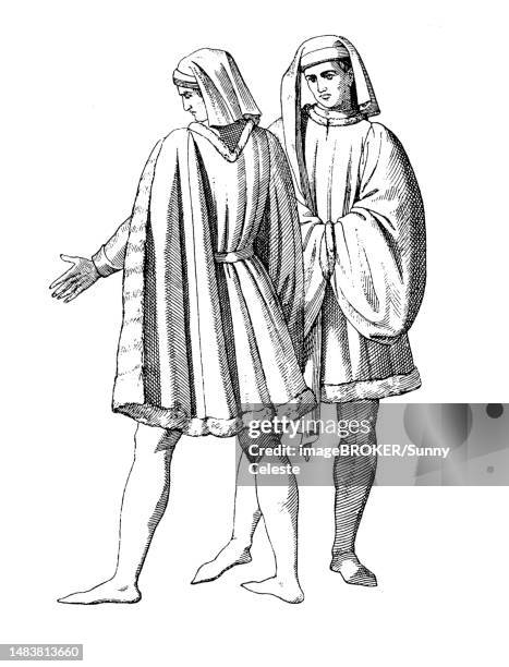 costume of the men in florence at the beginning of the 15th century, florence, italy, fashion history, costume history, historical, digital reproduction of an original from the 19th century - traditional italian dress stock illustrations