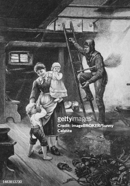 illustrations, cliparts, dessins animés et icônes de the chimney sweep is in the house, one of the children is afraid of the bogeyman, 1887, germany, historic, digital reproduction of an original 19th century painting, original date not known - ramonage