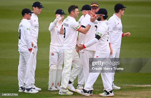 James Anderson of Lancashire celebrates the wicket of Kasey Aldridge of Somerset for their 5th celebrates the wicket of during Day Two of the LV=...