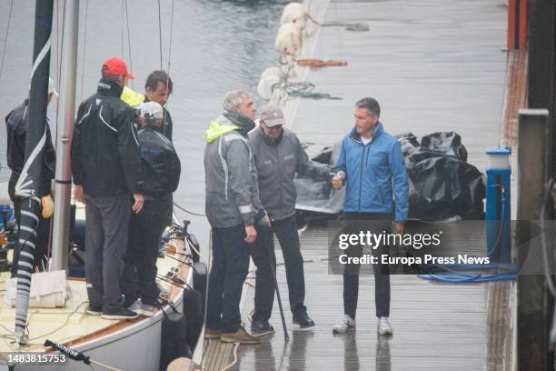 King Juan Carlos I on his arrival at port after boarding 'El Bribon' at the Real Nautico de Sanxenxo, on 21 April, 2023 in Sanxenxo, Pontevedra,...